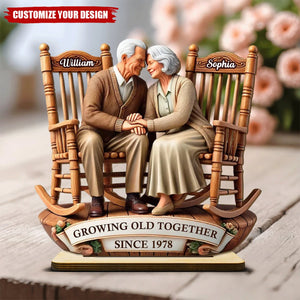 Old Couple Sitting On Rocking Chairs Together - Personalized Standing Wooden Plaque