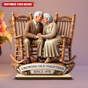 Old Couple Sitting On Rocking Chairs Together - Personalized Standing Wooden Plaque