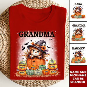 Grandma's Little Pumpkins - Fall Season Background - Scarecrow Grandma With Pumpkin Kid Names Personalized T-shirt