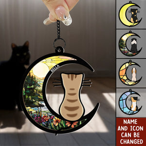 Dog & Cat On Moon - Personalized Window Hanging Suncatcher Ornament