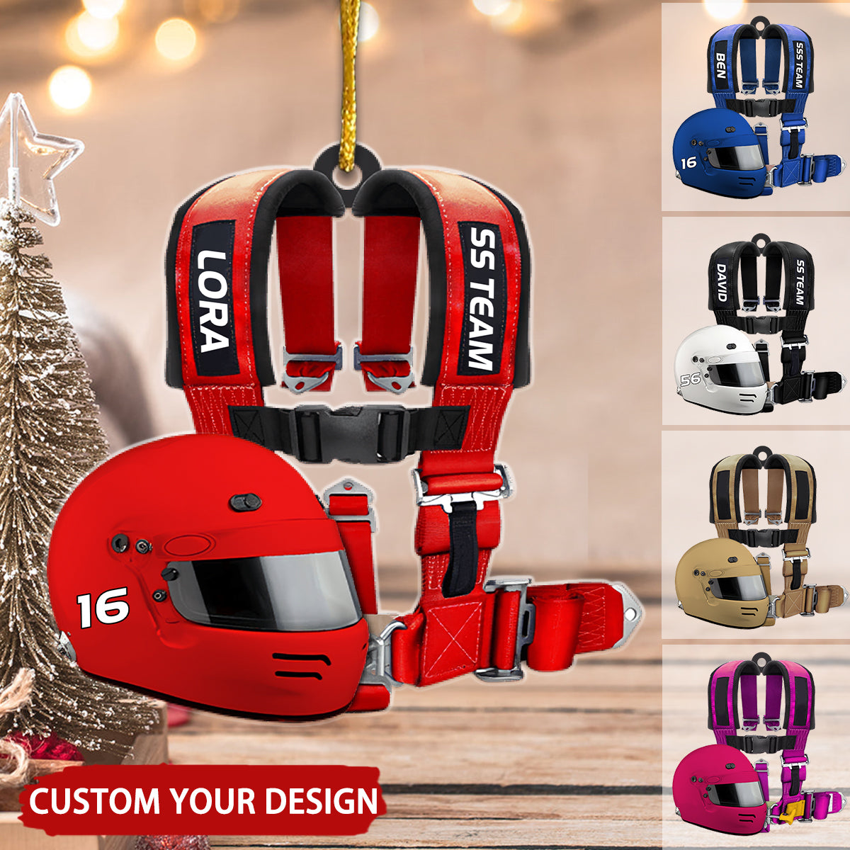 Racing Seat Belt And Helmet Personalized Christmas Ornament