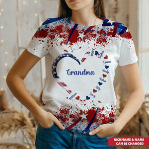 Heart With Kid Name Grandma 4th of July Personalized 3D T-Shirt