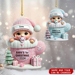 Baby In Mitten 3D Effect Baby's First Christmas Personalized Acrylic Flat Ornament