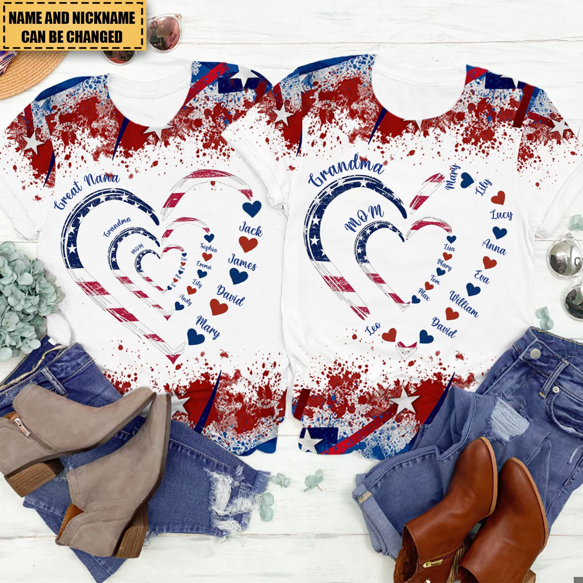 4th Of July Grandma Mom Kids Heart In Heart Personalized 3D T-Shirt