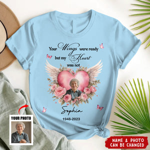 Memorial Upload Image Pinky Heart Wings Flower - Personalized Shirt