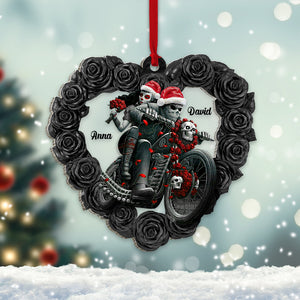 Personalized Couple Biker Skull With Dark Roses Heart Shape Christmas Ornament for Motorcycle Lovers