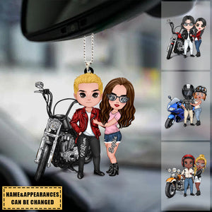 MOTORCYCLE COUPLE HUGGING, RIDING PARTNERS - PERSONALIZED ORNAMENT FOR MOTORCYCLE LOVERS, BIKERS