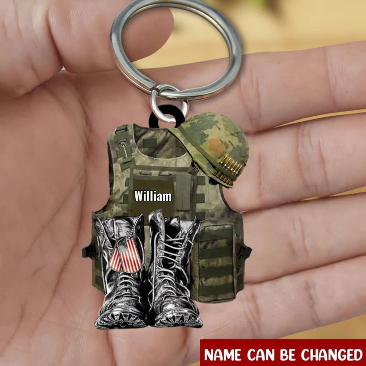 VETERAN VEST COMBAT HELMET BOOTS - PERSONALIZED FLAT ACRYLIC KEYCHAIN