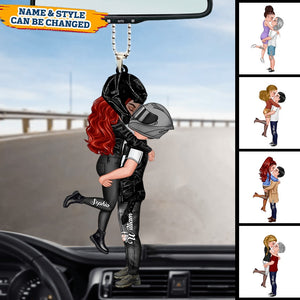 Personalized Motorcycle Kissing Doll Couple Car Ornament